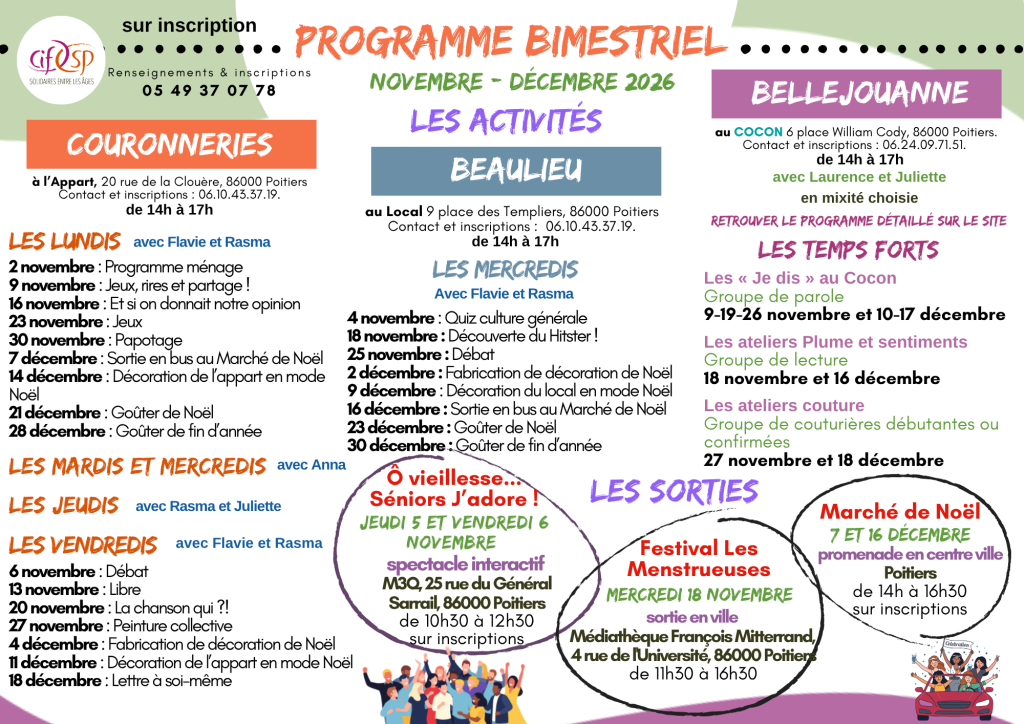 Programme bimestriel des activités à Poitiers, novembre-décembre 2026 : Couronneries, Beaulieu, Bellejouanne, temps forts et sorties