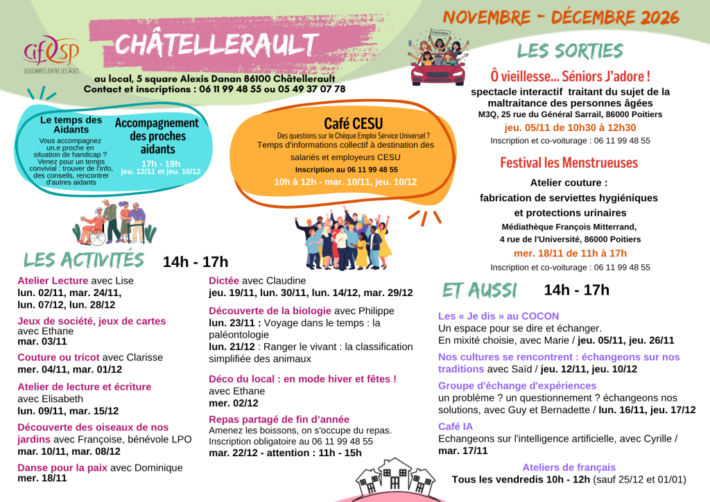 Programme des activités à Châtellerault, novembre-décembre 2026 : activités, Temps des aidants, Café CESU et sorties