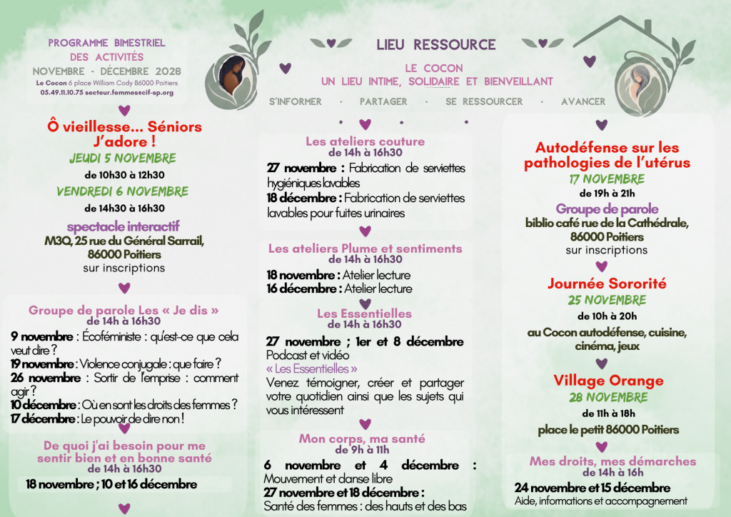Programme bimestriel des activités du Cocon, lieu ressource pour toutes les femmes, à Poitiers, novembre-décembre 2026